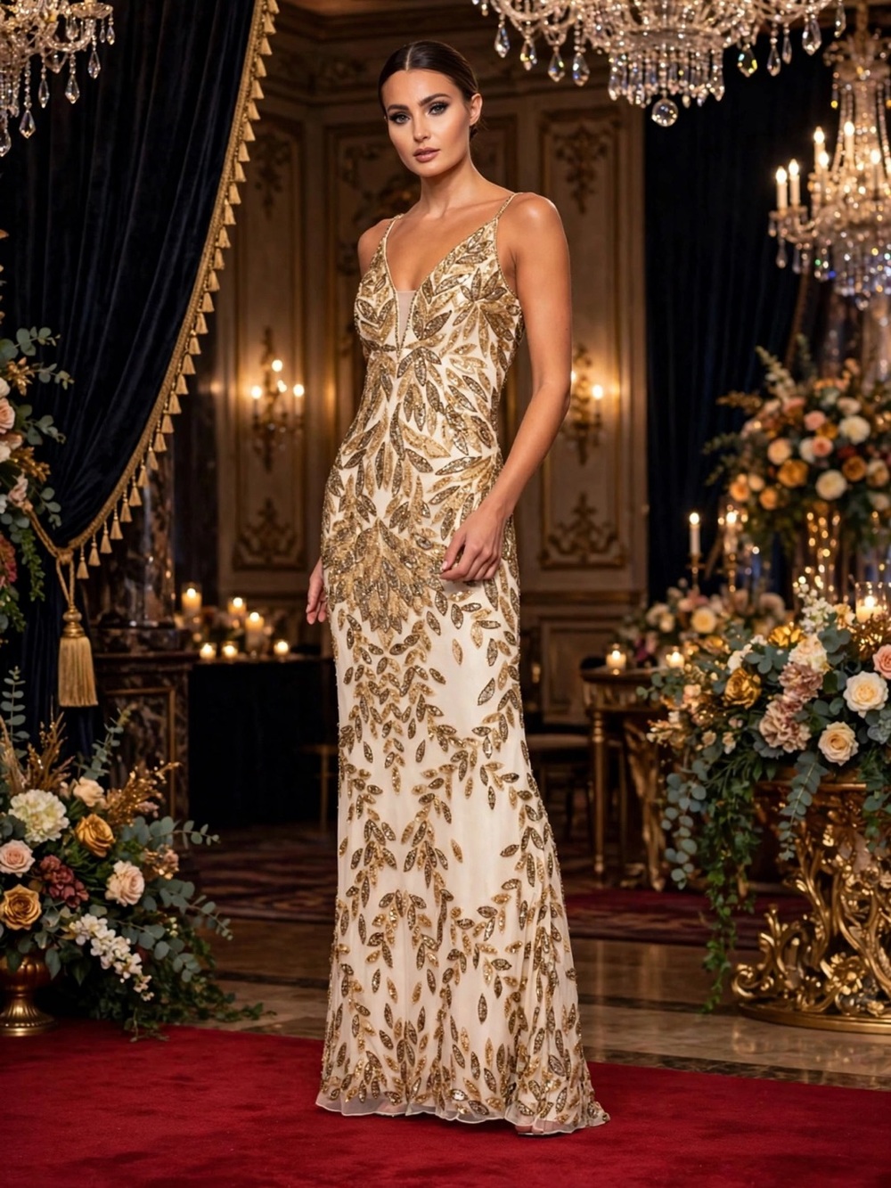 Mac Duggal EMBELLISHED LEAF EVENING GOWN in nude Gold size 14 New $498